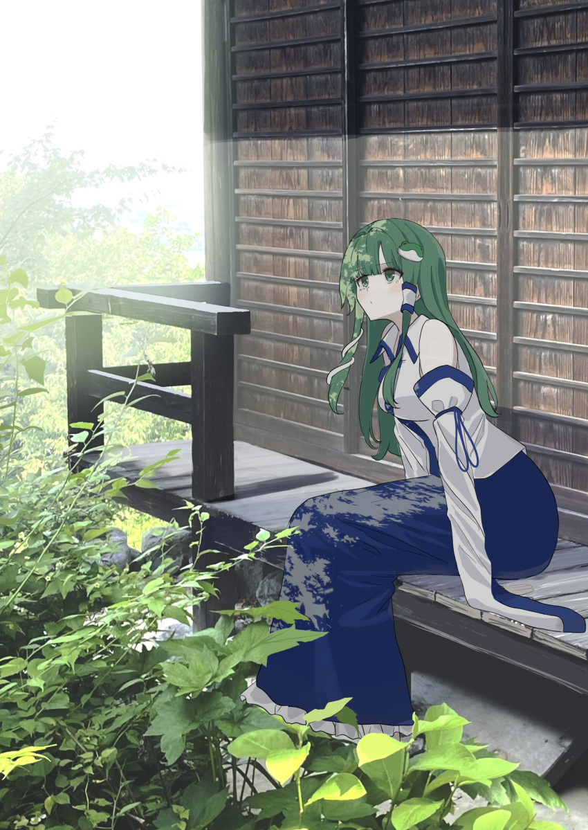 1girl arms_at_sides bare_shoulders blunt_bangs blush breasts closed_mouth collared_shirt commentary_request dappled_sunlight day detached_sleeves eyes_visible_through_hair frilled_skirt frills frog_hair_ornament full_body green_eyes green_hair hair_ornament hair_tubes highres kochiya_sanae long_hair long_skirt long_sleeves looking_afar medium_breasts mino_(minori) outdoors photo_background shirt sidelocks sitting skirt sleeveless sleeveless_shirt snake_hair_ornament solo sunlight touhou upturned_eyes white_shirt wide_sleeves