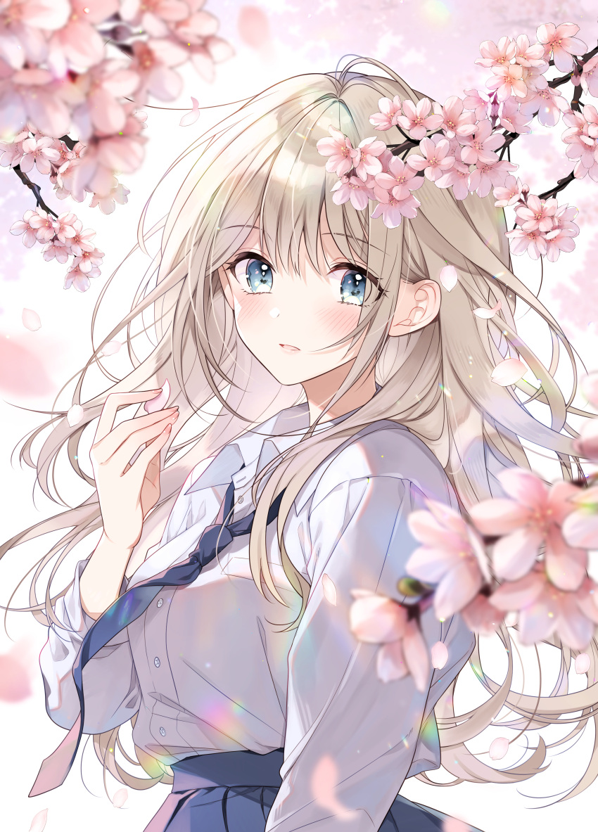 1girl absurdres ahoge arm_at_side blonde_hair blue_eyes blue_necktie blue_skirt blush branch breasts cherry_blossoms collared_shirt commentary_request cowboy_shot falling_petals fingernails from_side hair_between_eyes hand_up high-waist_skirt highres long_hair long_sleeves looking_at_viewer medium_breasts necktie original parted_lips petals pleated_skirt shirt shirt_tucked_in sidelocks skirt solo white_shirt wing_collar yukiko_(tesseract)