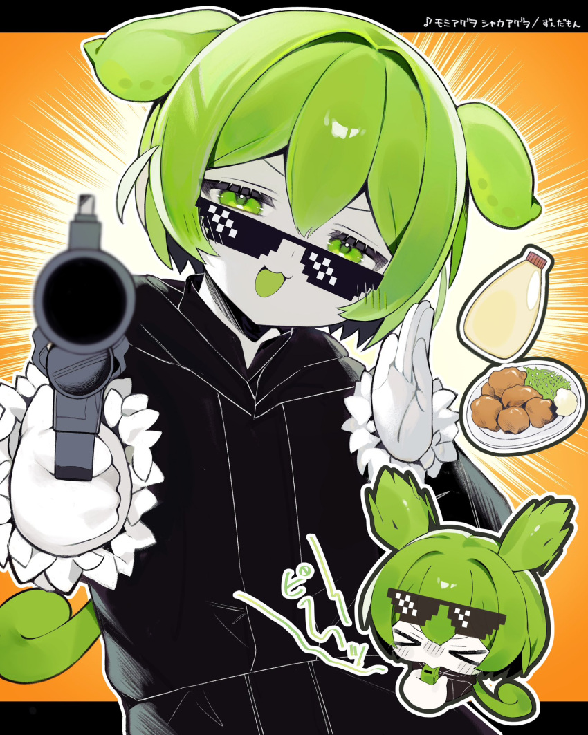 1girl black_jacket black_pants blush commentary_request deal_with_it_(meme) eyewear_on_head food fried_chicken green_eyes green_hair gun highres holding holding_gun holding_weapon jacket looking_at_viewer mayonnaise me2lto_o meme momiage_wo_shakaage_wo pants plate revolver short_hair sunglasses translation_request upper_body voiceroid voicevox weapon whistle zundamon
