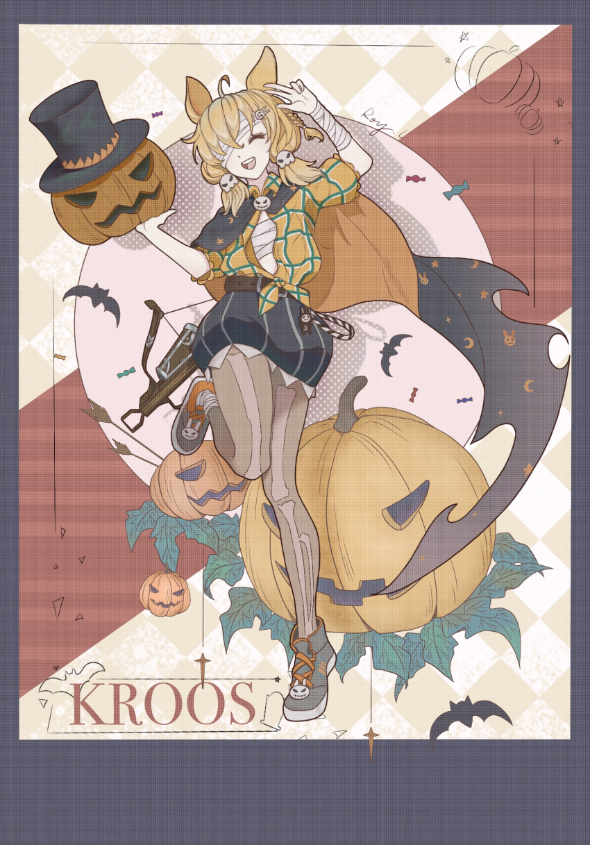 1girl ahoge animal_ears ankle_boots arknights arm_up bandage_over_one_eye bandaged_arm bandages bat_(animal) belt black_cape black_footwear black_hat blonde_hair boots border brown_belt bubble_skirt cape character_name closed_eyes crossbow food full_body grey_border grey_pantyhose hair_ornament halloween halloween_costume hand_on_own_head hands_up hat highres holding holding_food holding_pumpkin holding_vegetable jack-o'-lantern kroos_(arknights) leg_up long_hair low_twintails miniskirt multicolored_background one_eye_covered open_mouth pantyhose partially_unbuttoned plaid plaid_shirt puffy_short_sleeves puffy_sleeves pumpkin red_background sarashi shirt short_sleeves skirt skull_hair_ornament smile solo teeth tied_shirt top_hat twintails upper_teeth_only vegetable w weapon ya_(witchroy) yellow_background yellow_shirt