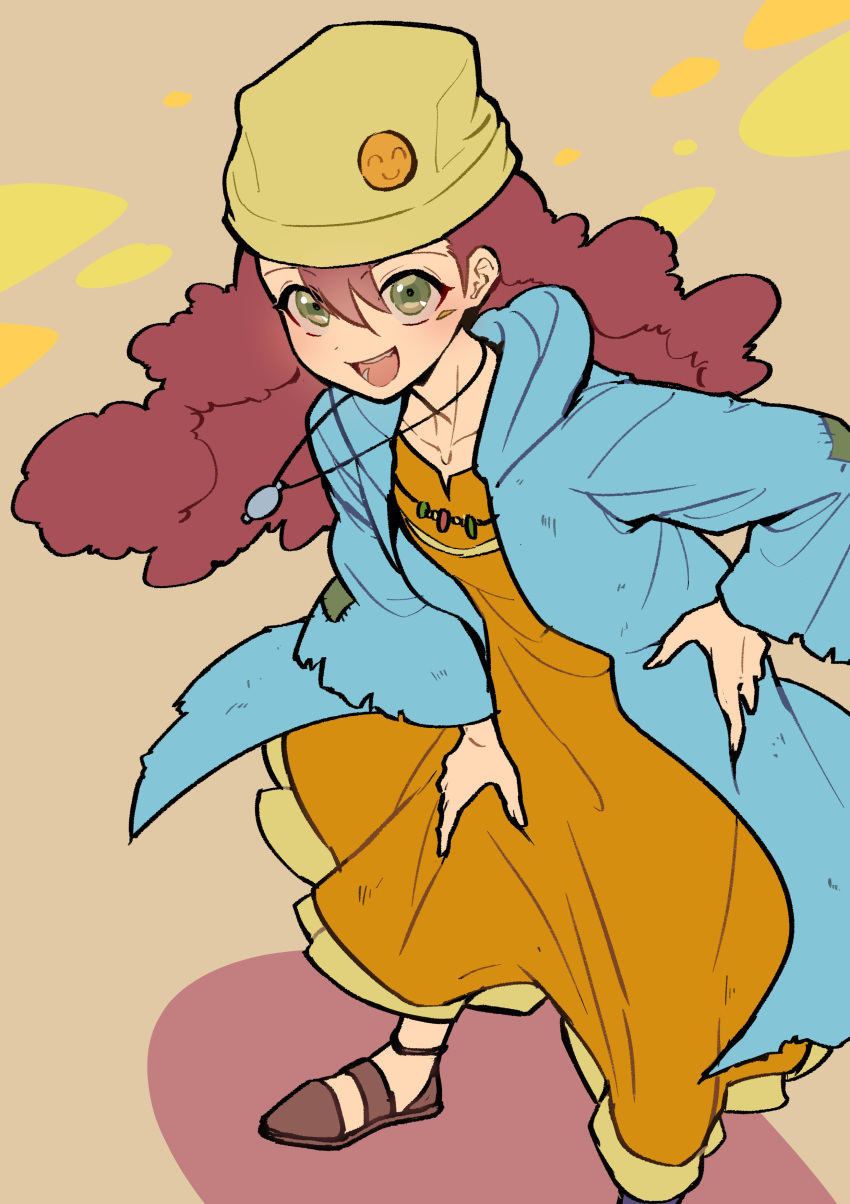 1boy absurdres androgynous blue_coat brown_background coat collarbone dress facial_mark foot_out_of_frame green_eyes hair_between_eyes hand_on_own_hip hand_on_own_leg highres long_hair looking_at_viewer otoko_no_ko rally_dawson redhead smile yellow_dress yellow_hat youko-shima yu-gi-oh! yu-gi-oh!_5d's