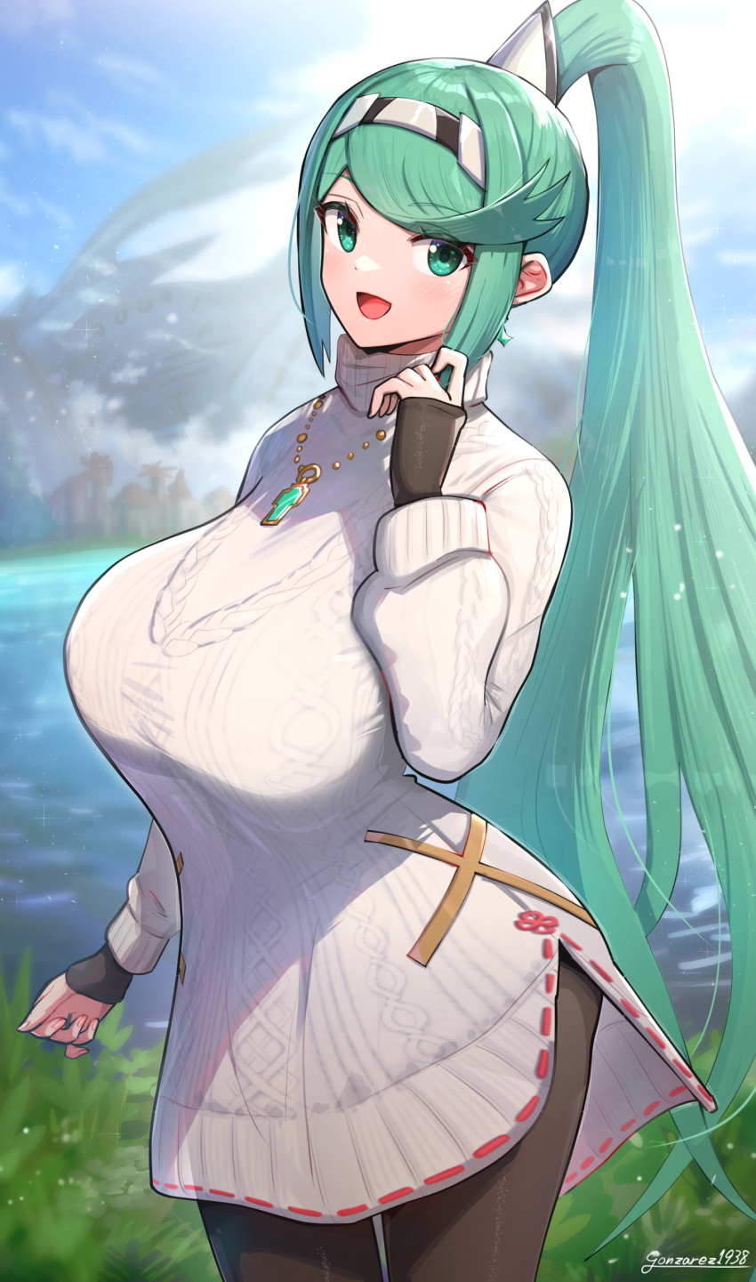 absurdres breasts earrings gem gold_necklace gonzarez grass green_eyes green_gemstone green_hair highres huge_breasts jewelry lake large_breasts looking_at_viewer necklace nintendo pantyhose pneuma_(xenoblade) ponytail smile sweater xenoblade_chronicles_(series) xenoblade_chronicles_2