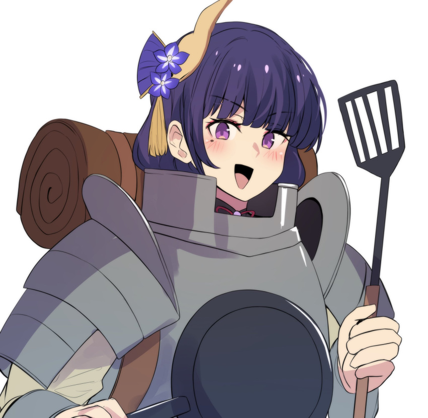1girl :d armor breastplate commentary cosplay dungeon_meshi frying_pan genshin_impact hair_ornament highres hinghoi holding holding_frying_pan holding_spatula laios_touden laios_touden_(cosplay) looking_at_viewer open_mouth purple_hair raiden_shogun shoulder_armor simple_background smile solo spatula upper_body violet_eyes