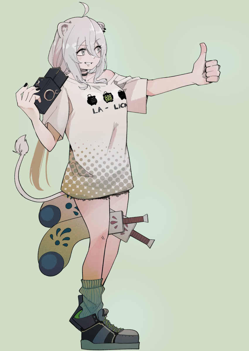 1girl absurdres ahoge animal_ears black_nails blush camera club_(weapon) commentary_request full_body green_socks grey_eyes grey_hair grin hair_between_eyes highres holding holding_camera hololive lion_ears lion_girl lion_tail looking_ahead loose_socks mato_(target5260) no_pants print_shirt shirt shishiro_botan shishiro_botan_(casual) shoes short_sleeves simple_background smile sneakers socks solo standing tail thumbs_up weapon white_background white_shirt white_tail