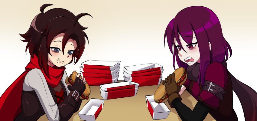 2girls arm_strap bags_under_eyes bmkro brown_gloves brown_hair cape character_request chewing closed_mouth commentary commission eating english_commentary fingerless_gloves food food_on_face gloves grey_eyes highres holding holding_food holding_sandwich messy_hair multiple_girls open_mouth purple_hair red_cape ruby_rose rwby sandwiched short_hair simple_background submarine_sandwich table violet_eyes white_background