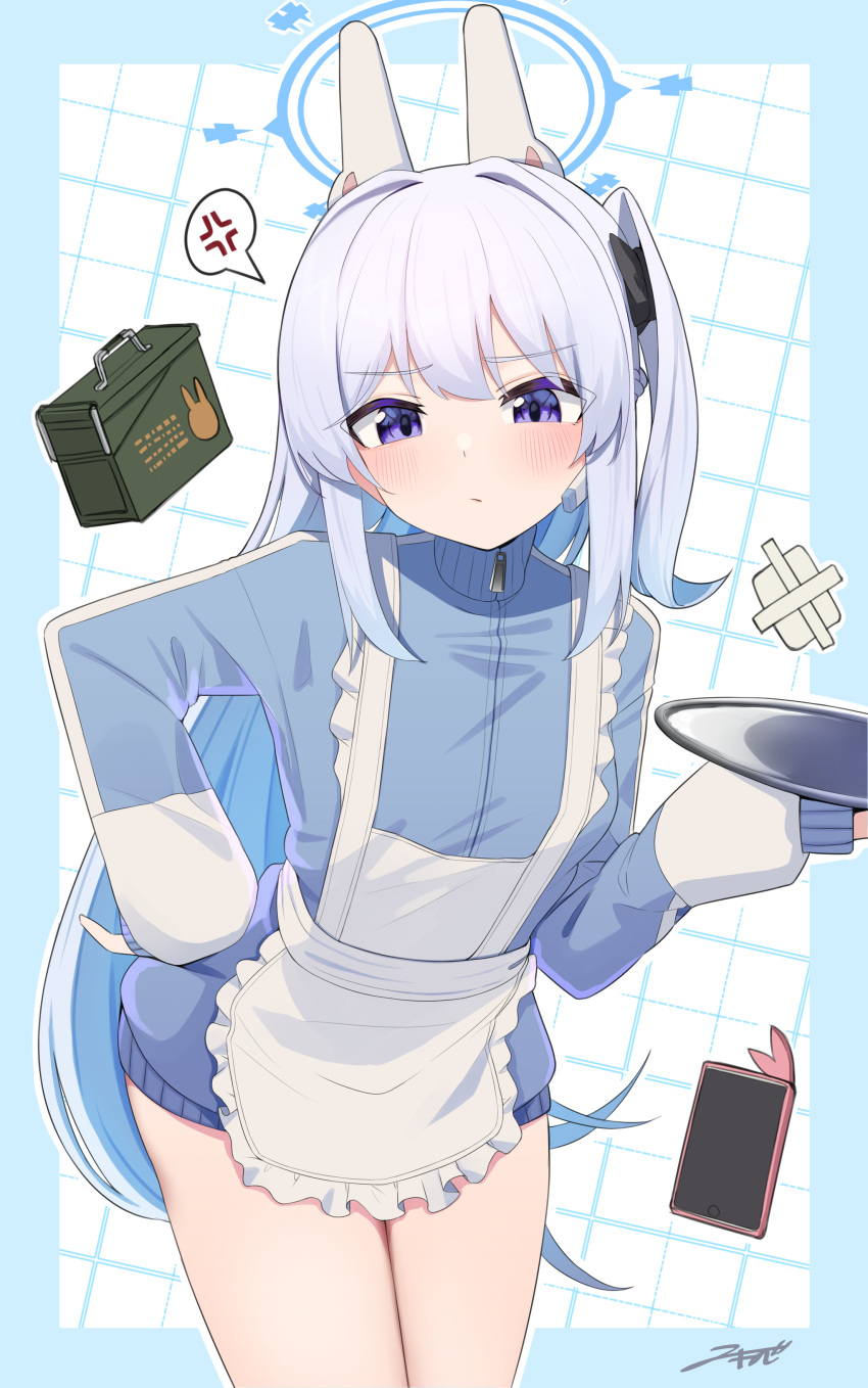 1girl absurdres akinoji_(akiponpon27) alternate_costume anger_vein animal_ears apron blue_archive blue_halo blush breasts cellphone closed_mouth cowboy_shot earpiece enmaided fake_animal_ears frilled_apron frills grey_hair halo highres holding holding_tray jersey jersey_maid large_breasts long_hair looking_at_viewer maid miyako_(blue_archive) one_side_up phone rabbit_ears signature smartphone solo spoken_anger_vein tray unconventional_maid violet_eyes white_apron