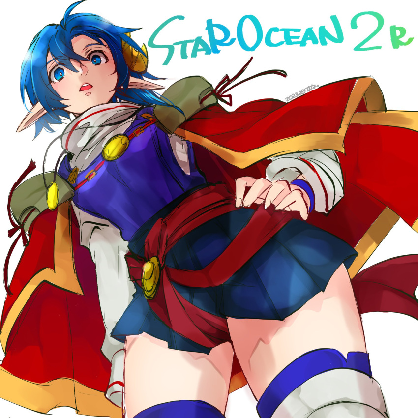1girl ahoge blue_eyes blue_hair cape crescent crescent_hair_ornament dated hair_ornament highres looking_at_viewer mayashtale open_mouth pointy_ears red_cape rena_lanford short_hair simple_background skirt solo star_ocean star_ocean_the_second_story thigh-highs white_background