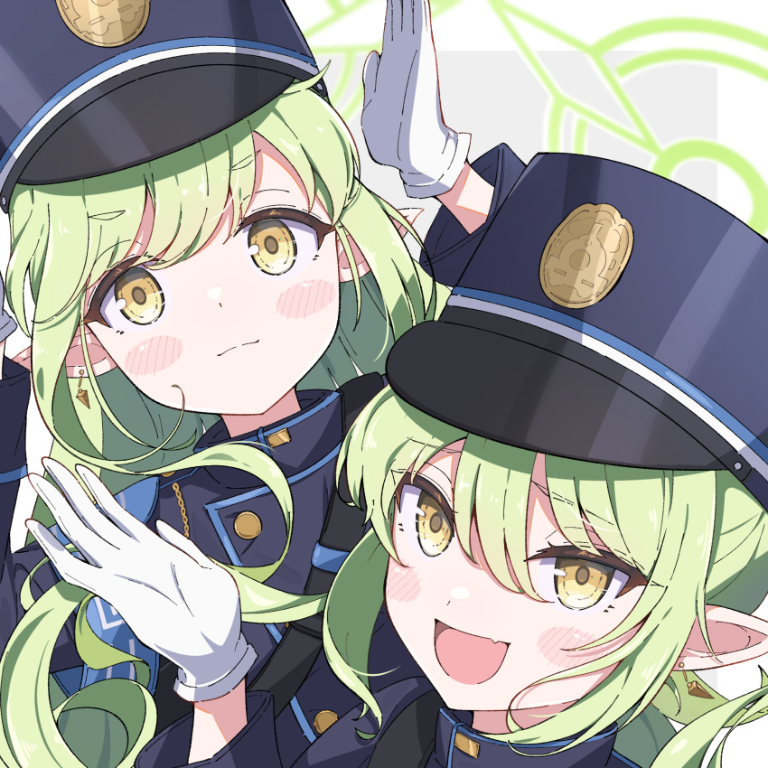 2girls :d black_hat blue_archive blush blush_stickers fang gloves green_hair green_halo halo highres hikari_(blue_archive) long_hair looking_at_viewer multiple_girls nozomi_(blue_archive) open_mouth skin_fang smile twintails upper_body white_gloves yu_wo