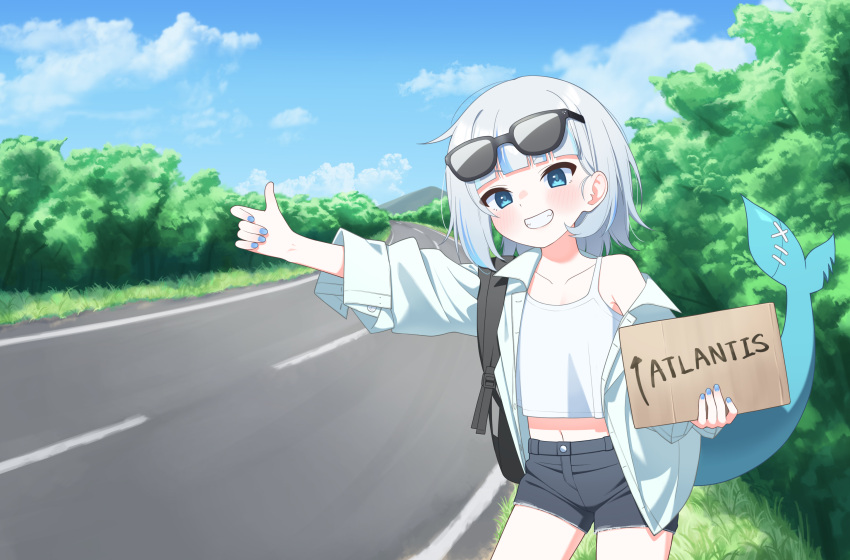 1girl absurdres alternate_costume backpack bag black_bag blue_eyes blue_hair blue_nails blue_sky blush camisole clouds collarbone denim denim_shorts eyewear_on_head fins fish_tail gawr_gura grin highres highway hitchhiking holding holding_sign hololive hololive_english landscape midriff multicolored_hair nail_polish navel road shark_tail shirt shorts sign sky smile solo streaked_hair sunglasses tail thighs thumbs_up ugaaaa1 virtual_youtuber white_camisole white_shirt