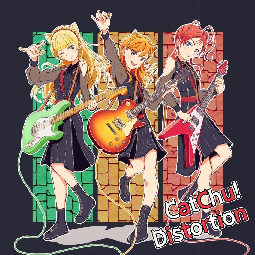 3girls arm_up black_dress black_footwear blonde_hair blue_eyes blunt_bangs boots catchu!_(love_live!) closed_mouth clothing_cutout commentary_request cone_hair_bun distortion_(love_live!) dress electric_guitar full_body green_eyes group_name guitar hair_bun hairband hand_up heanna_sumire highres holding holding_instrument holding_plectrum instrument jungle_zzz knee_boots long_hair long_sleeves looking_at_viewer love_live! love_live!_superstar!! medium_hair multiple_girls one_eye_closed open_mouth orange_hair orange_hairband plectrum redhead see-through see-through_sleeves shibuya_kanon shoulder_cutout smile song_name standing standing_on_one_leg violet_eyes yoneme_mei