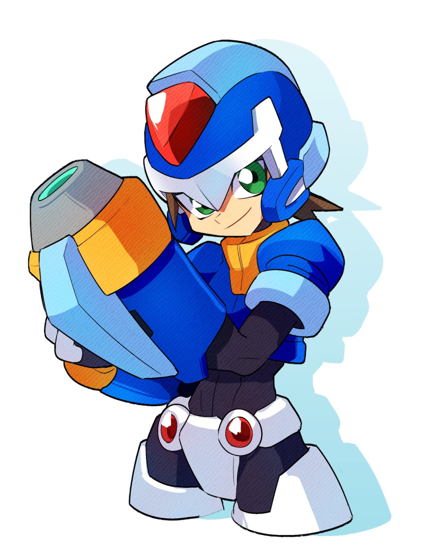 1boy arm_cannon armor blue_helmet blue_jacket brown_hair cowboy_shot cropped_jacket crotch_plate forehead_jewel green_eyes highres jacket looking_at_viewer mega_man_(series) mega_man_zx model_x_(mega_man) omeehayo power_armor short_hair simple_background solo spiky_hair vent_(mega_man) weapon white_background