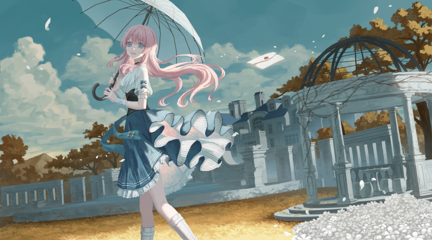 1girl bang_dream! bang_dream!_it's_mygo!!!!! blue_eyes blue_skirt blue_sky building chihaya_anon chinese_commentary clouds commentary_request dutch_angle feet_out_of_frame floating_hair flower highres holding holding_umbrella long_hair looking_at_viewer mansion mountain parted_lips pink_hair shirt short_sleeves skirt sky smile solo transparent transparent_umbrella tree umbrella white_flower white_footwear white_shirt wrist_cuffs xukong