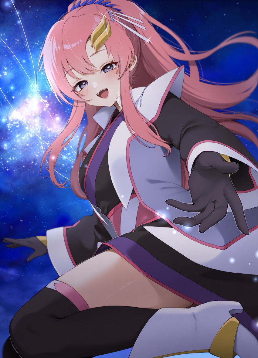 1girl black_gloves blue_eyes blush boots breasts campbell_xx gloves gundam gundam_seed gundam_seed_freedom hair_ornament highres japanese_clothes lacus_clyne long_hair looking_at_viewer open_mouth pink_hair ponytail short_hair smile very_long_hair