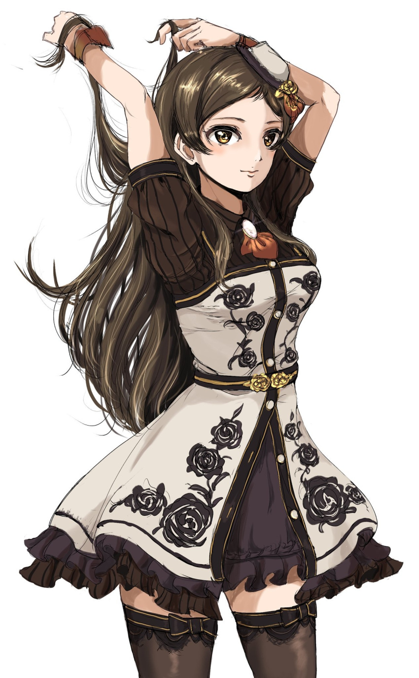 1girl arms_up ascot black_flower black_rose black_thighhighs blush breasts brooch brown_eyes brown_hair brown_wrist_cuffs closed_mouth cowboy_shot dress floral_print flower frilled_dress frills gatsby_ssl hat highres idolmaster idolmaster_million_live! idolmaster_million_live!_theater_days jewelry kitazawa_shiho long_hair looking_at_viewer medium_breasts mini_hat print_dress red_ascot rose rose_print short_sleeves simple_background smile solo standing thigh-highs two-tone_dress white_background white_headwear zettai_ryouiki