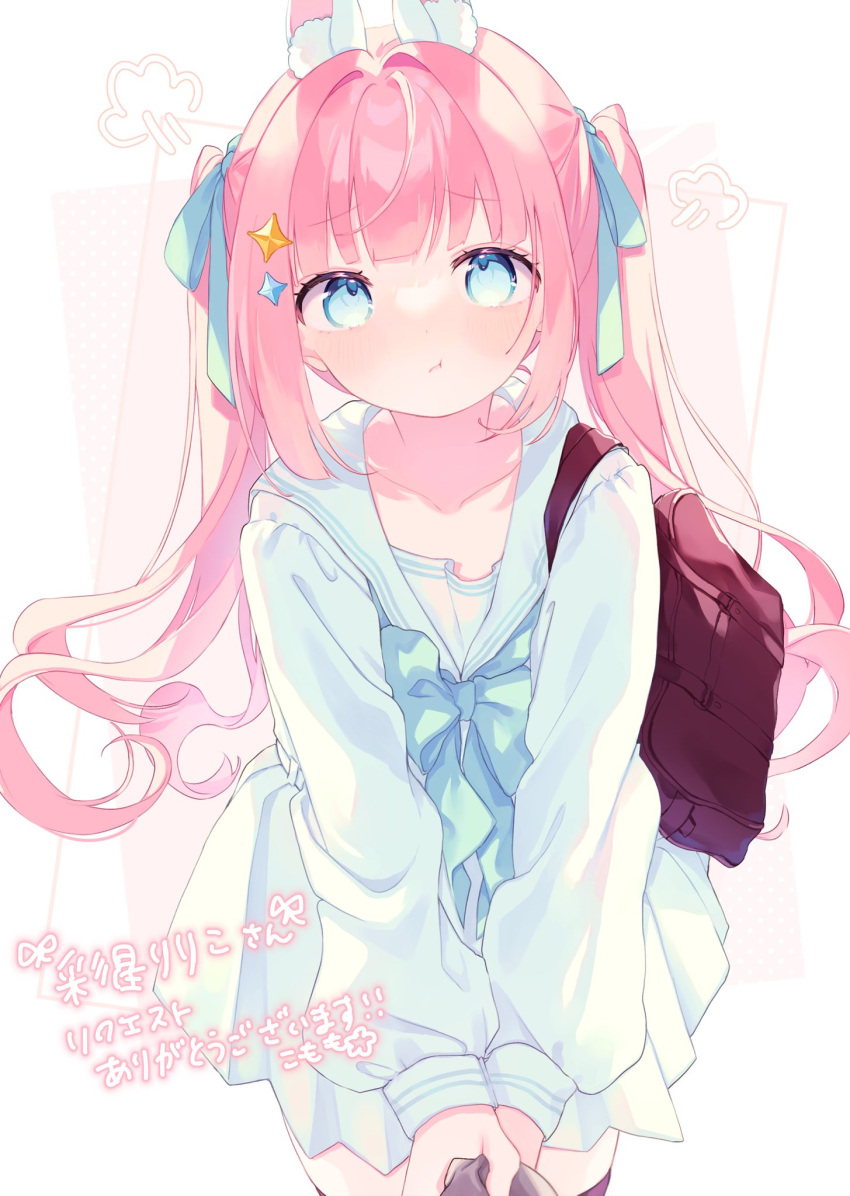 1girl 1other :t animal_ear_fluff animal_ears ayase_ririco backpack bag black_thighhighs blue_bow blue_eyes blue_ribbon blue_sailor_collar blush bow closed_mouth clothes_pull collarbone commission dress hair_bow hair_ornament hair_ribbon highres holding indie_virtual_youtuber komomo_(2899) long_hair long_sleeves looking_at_viewer pink_hair pleated_skirt pout puffy_long_sleeves puffy_sleeves rabbit_ears ribbon sailor_collar sailor_dress school_uniform serafuku shirt signature skeb_commission skirt sleeves_past_wrists solo_focus star_(symbol) star_hair_ornament thigh-highs twintails two-tone_background white_background white_dress white_sailor_collar white_shirt white_skirt