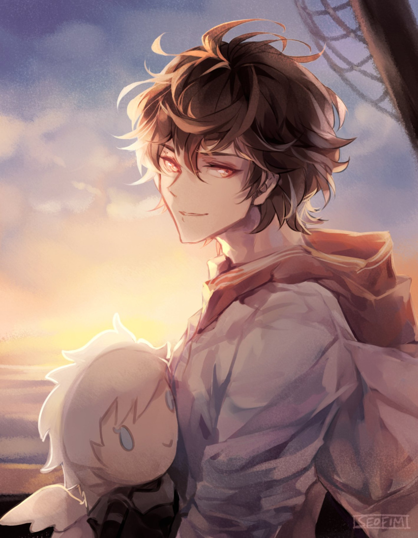 ahoge aircraft airship backlighting bishounen blue_sky brown_hair chibi clouds cloudy_sky commentary commission english_commentary fimyuan gradient_sky granblue_fantasy hair_between_eyes highres hood hood_down hugging_doll hugging_object jacket light_smile looking_at_viewer lucifer_(shingeki_no_bahamut) male_focus messy_hair net red_eyes sandalphon_(granblue_fantasy) sandalphon_(summer)_(granblue_fantasy) short_hair signature sky sunset twitter_username upper_body white_jacket white_wings wings