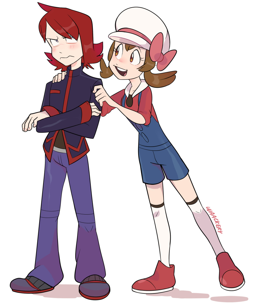 1boy 1girl absurdres blue_overalls blush brown_hair crossed_arms full_body hand_on_another's_shoulder hat highres kneehighs lyra_(pokemon) open_mouth overalls pokemon pokemon_hgss red_footwear redhead signature silver_(pokemon) socks standing transparent_background waackery white_hat