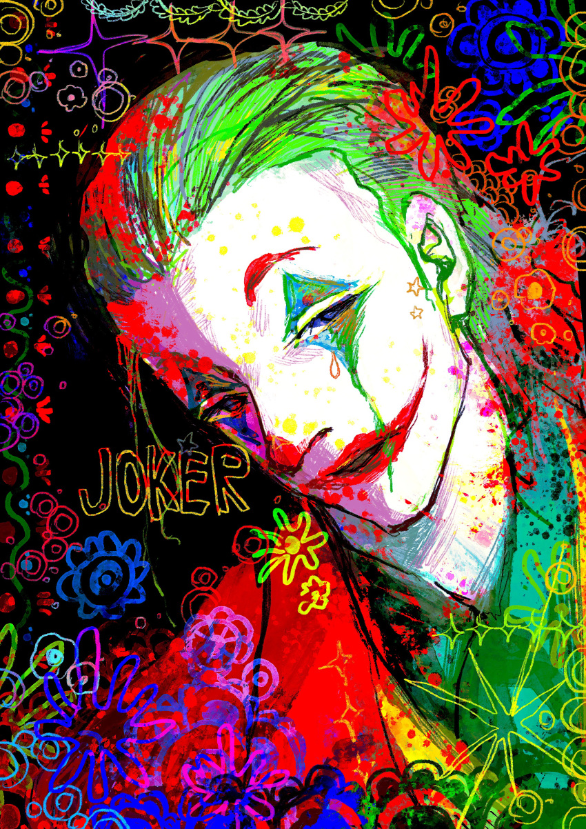 1boy absurdres batman_(series) black_background blue_eyes border character_name collared_shirt colored_skin colorful commentary copyright_name dc_comics english_commentary english_text forehead formal green_eyes hair_slicked_back half-closed_eyes head_tilt highres jacket joker_(2019) joker_(dc) looking_at_viewer male_focus open_mouth otonoha_aika red_jacket runny_makeup sad shirt smile solo star_(symbol) suit teardrop_facial_mark white_skin