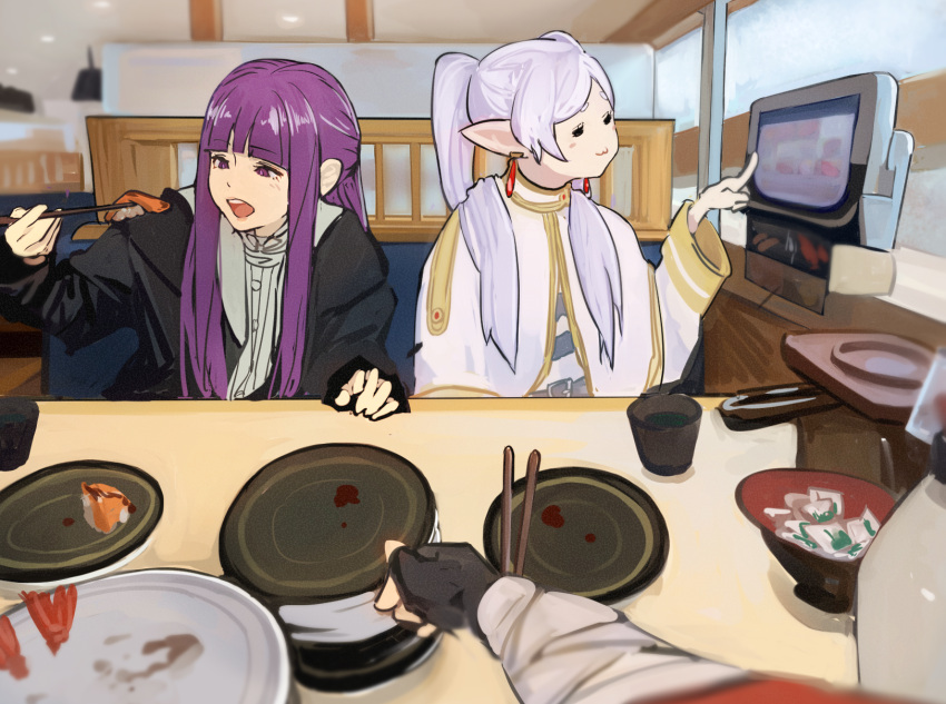 1boy 2girls :3 =_= anachronism bandaged_arm bandages belt black_coat black_gloves blunt_bangs booth_seating bowl cape chopsticks coat commentary_request cup dangle_earrings dress earrings eating elf fern_(sousou_no_frieren) food frieren gloves hair_over_shoulder hand_up higemu highres holding holding_chopsticks indoors jacket jewelry long_hair long_sleeves multiple_girls open_clothes open_coat open_mouth parted_bangs plate pointy_ears pov pov_hands purple_hair red_jacket restaurant shirt sousou_no_frieren stark_(sousou_no_frieren) striped_clothes striped_shirt sushi table twintails white_cape white_dress white_hair