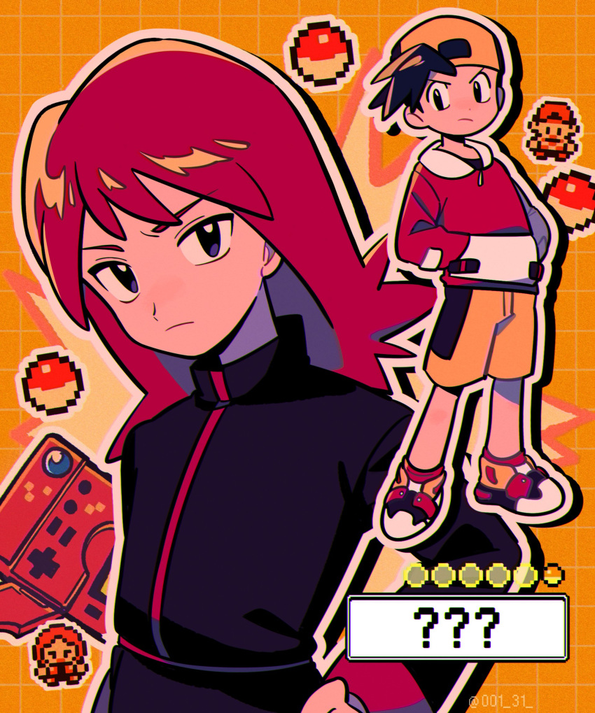 2boys backwards_hat black_eyes black_jacket black_shirt chueog closed_mouth ethan_(pokemon) frown grid_background hands_in_pockets hat highres jacket long_hair looking_at_viewer male_focus multiple_boys orange_background pokedex pokemon pokemon_gsc red_jacket redhead shirt shoes shorts silver_(pokemon) sprite yellow_shorts