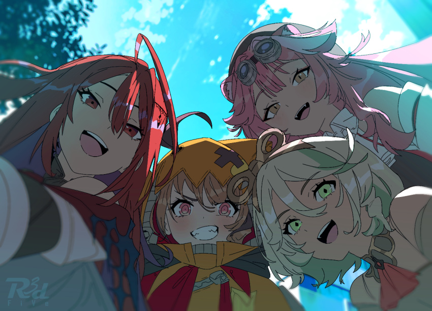 4girls ahoge animal_ear_fluff animal_ears cecilia_immergreen colored_inner_hair elizabeth_rose_bloodflame gigi_murin green_eyes grey_hair holojustice hololive hololive_english huge_ahoge long_hair looking_at_viewer looking_down multicolored_hair multiple_girls open_mouth panther_ears panther_girl pink_hair pov r3dfive raora_panthera red_eyes redhead short_hair smile streaked_hair virtual_youtuber