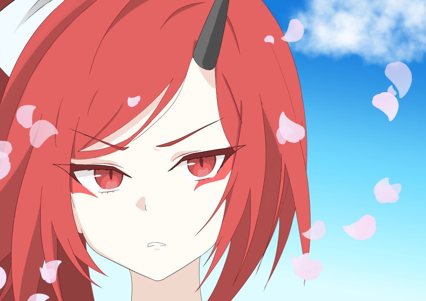 absurdres blue_archive bow close-up eyeliner eyeshadow high_ponytail highres horns long_hair looking_at_viewer makeup petals ponytail red_eyeliner red_eyes red_eyeshadow redhead renge_(blue_archive) single_horn sky spiky_hair upper_body user_mjyn5272 white_bow
