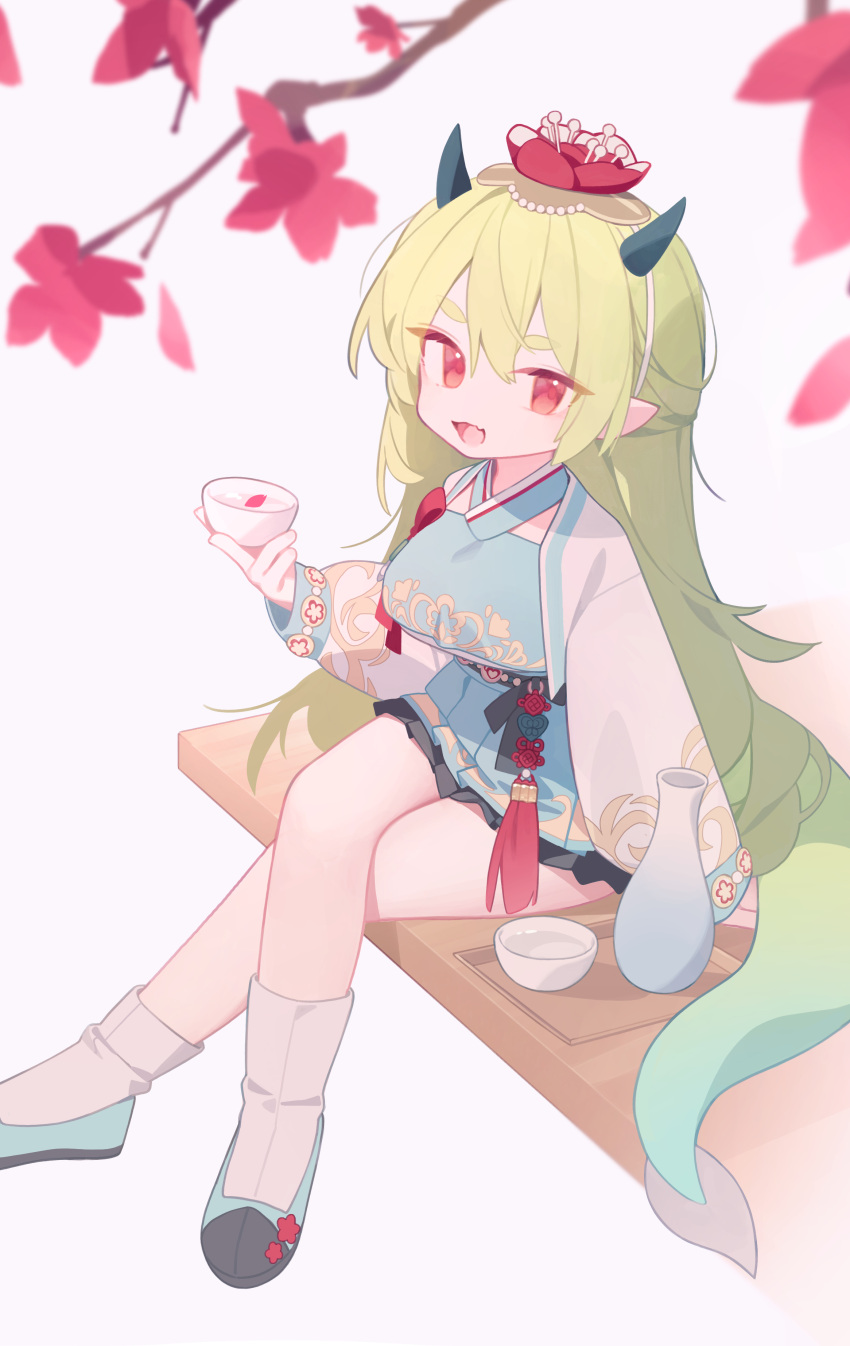 1girl absurdres ankle_socks arm_support branch breasts choko_(cup) cropped_vest crossed_legs cup doribae dragon_girl dragon_horns dragon_tail fang flower flower_hairband foot_out_of_frame frilled_skirt frills garam_(ryeoubi) green_footwear green_hair green_horns green_skirt green_tail green_vest hair_between_eyes hairband hanbok hand_up highres holding horns jacket jeogori_(clothes) korean_clothes long_hair long_sleeves looking_at_viewer medium_breasts open_clothes open_jacket open_mouth petals pointy_ears puffy_long_sleeves puffy_sleeves red_eyes red_flower red_ribbon red_tassel ribbon sitting skin_fang skirt smile socks solo tail tassel tokkuri very_long_hair vest white_hairband white_jacket white_socks