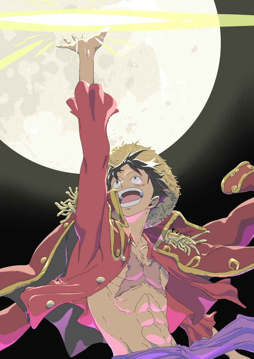 1boy abs arm_up black_eyes black_hair commentary_request english_commentary full_moon hat highres long_sleeves male_focus mixed-language_commentary monkey_d._luffy moon oda_eiichirou official_art one_piece open_clothes open_mouth scar scar_on_cheek scar_on_chest scar_on_face short_hair smile solo straw_hat teeth