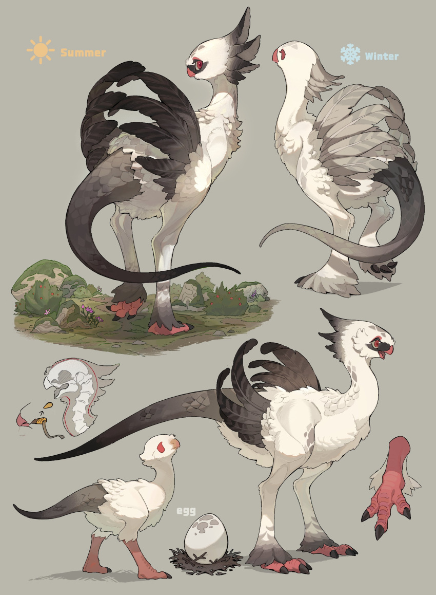 absurdres animal_focus beak bird bul_(moiko) claws egg feathers from_side full_body grey_background highres multiple_forms multiple_views nest no_humans open_mouth original red_eyes scales standing tail x-ray