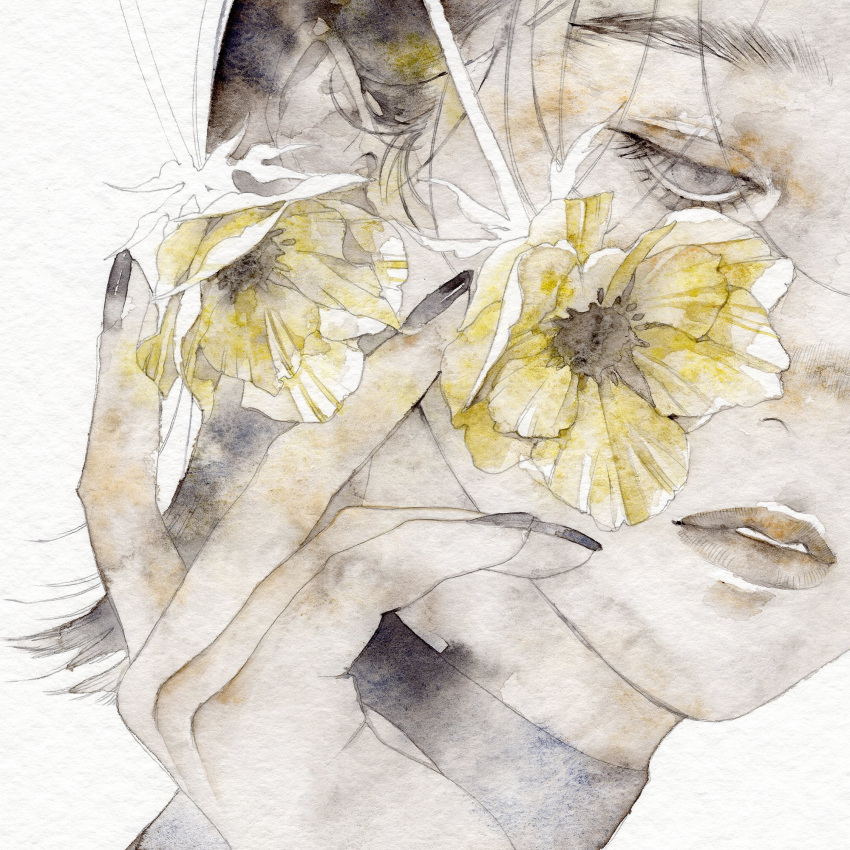 1girl black_hair black_lips black_nails expressionless fingernails flower grey_eyes highres looking_down nail_polish original painting_(medium) parted_lips portrait short_hair simple_background solo traditional_media watercolor_(medium) white_background yellow_flower yue_(memento1113)
