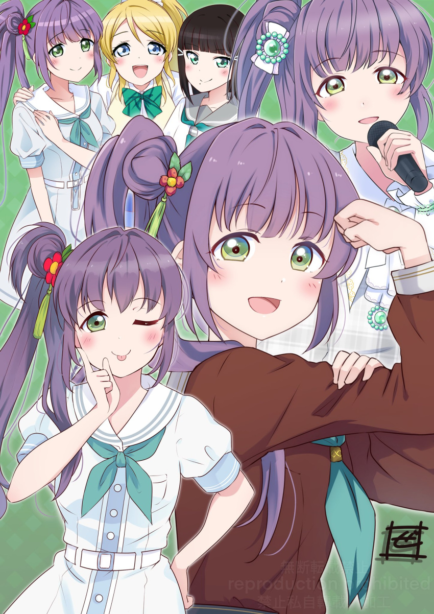 3girls :d ;p aqua_neckerchief ayase_eli black_hair blonde_hair blunt_bangs blush bow brown_dress closed_mouth collage dress flower green_background green_eyes hair_bow hair_bun hair_flower hair_ornament hand_on_another's_shoulder hasu_no_sora_school_uniform high_ponytail highres holding holding_microphone holiday_holiday_(love_live!) in-franchise_crossover kurosawa_dia link!_like!_love_live! long_hair long_sleeves love_live! love_live!_school_idol_project love_live!_sunshine!! medium_dress microphone mole mole_under_mouth multiple_girls multiple_views neckerchief one_eye_closed otomune_kozue pleated_dress purple_hair red_flower sailor_collar sailor_dress school_uniform short_sleeves side_ponytail sidelocks single_side_bun smile split_mouth summer_uniform teeth tongue tongue_out trait_connection upper_teeth_only virtual_youtuber we_can_do_it! white_bow white_dress white_sailor_collar winter_uniform zero-theme