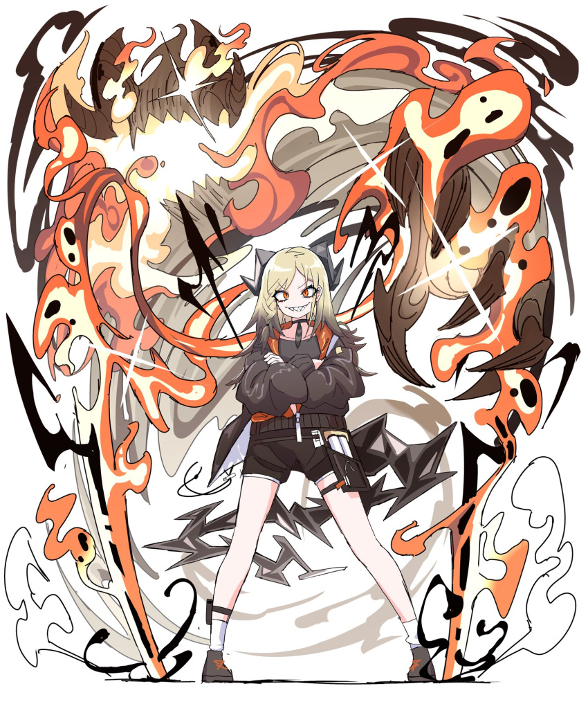 1girl arknights belt_pouch black_choker black_hair black_horns black_jacket black_shirt black_shorts black_tail blonde_hair choker crossed_arms demon_horns dr_yamero feathers fire full_body gradient_hair grin highres horns ifrit_(arknights) jacket multicolored_hair orange_eyes orange_jacket pouch sharp_teeth shirt shorts smile solo teeth thigh_pouch two-sided_fabric two-sided_jacket
