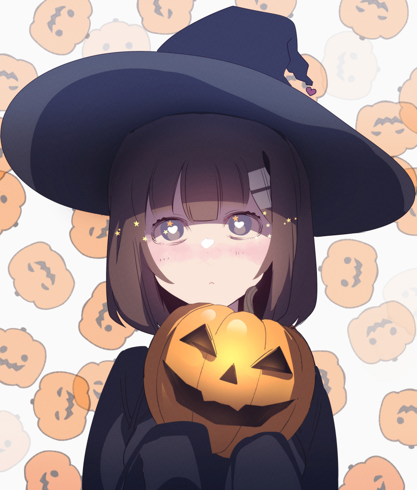 1girl absurdres black_cloak black_hat blue_eyes brown_hair cloak hair_ornament hairclip halloween hat highres hod_(project_moon) jack-o'-lantern library_of_ruina looking_at_viewer madotsuki_ren medium_hair project_moon pumpkin solo witch_hat