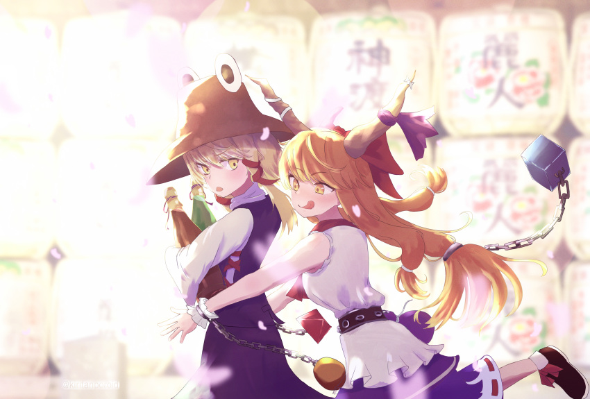 2girls :q absurdres blonde_hair bloom blush bottle bow brown_hat closed_mouth commentary_request cowboy_shot demon_girl demon_horns falling_petals floating_hair frilled_wrist_cuffs frills furrowed_brow hair_between_eyes hair_bow hair_ribbon highres holding holding_bottle horns hug hug_from_behind ibuki_suika kiritanpo117 light_blush long_hair long_sleeves looking_at_another looking_at_object looking_back low-tied_long_hair moriya_suwako multiple_girls open_mouth orange_eyes orange_hair petals purple_skirt purple_vest pyonta red_bow red_ribbon ribbon sake_bottle shirt short_hair_with_long_locks sidelighting sidelocks skirt sleeveless sleeveless_shirt smile standing standing_on_one_leg tongue tongue_out torn_clothes torn_shirt touhou tress_ribbon very_long_hair vest white_shirt wide_sleeves wrist_cuffs yellow_eyes
