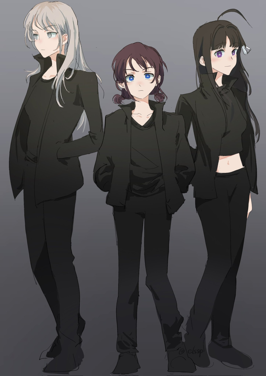 3girls ahoge awa_subaru black_footwear black_hair black_jacket black_pants black_shirt blue_eyes breasts brown_hair closed_mouth commentary cropped_shirt elsspsleep full_body girls_band_cry gradient_background grey_background grey_eyes grey_hair hair_ribbon hands_in_pockets highres iseri_nina jacket kawaragi_momoka long_hair looking_at_viewer low_twintails midriff multicolored_hair multiple_girls open_clothes open_jacket pants ribbon roots_(hair) shirt short_twintails sidelocks small_breasts standing symbol-only_commentary twintails twitter_username violet_eyes white_ribbon