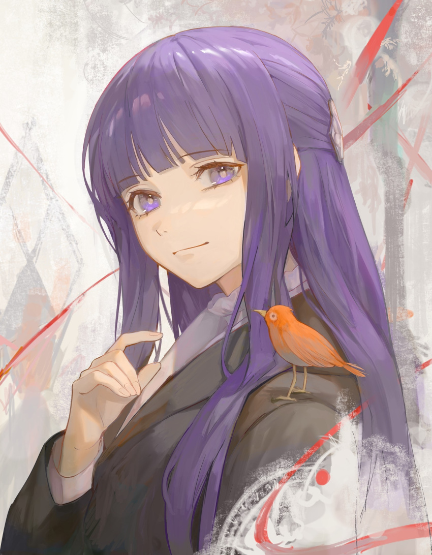1girl animal_on_shoulder bird bird_on_shoulder black_robe blunt_bangs closed_mouth commentary fern_(sousou_no_frieren) hand_up highres long_hair long_sleeves looking_at_viewer purple_hair robe shirt smile solo sousou_no_frieren straight_hair upper_body very_long_hair violet_eyes white_shirt yoruirooo777
