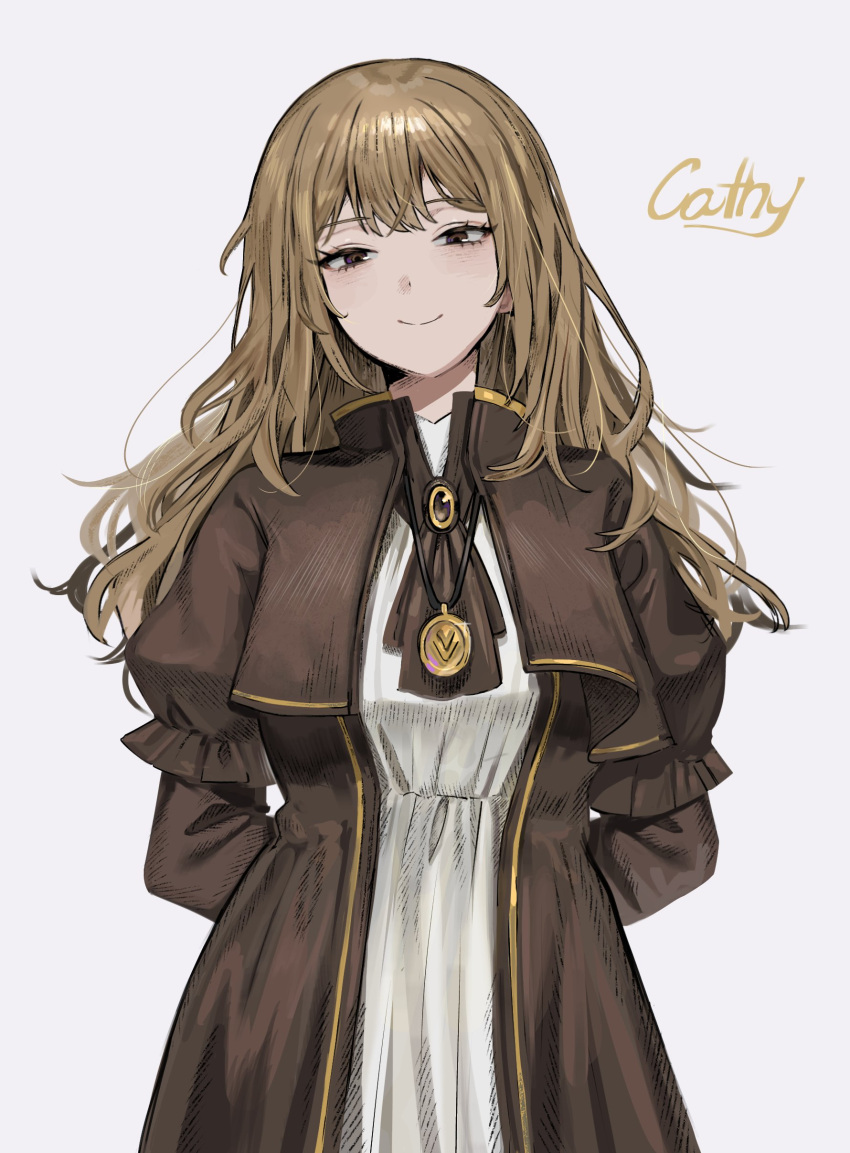 1girl absurdres arms_behind_back ascot brown_ascot brown_coat brown_eyes brown_hair catherine_(project_moon) character_name coat dress highres jewelry limbus_company long_hair na-gyou_(nunumaru) necklace project_moon simple_background solo white_background white_dress yellow_brooch
