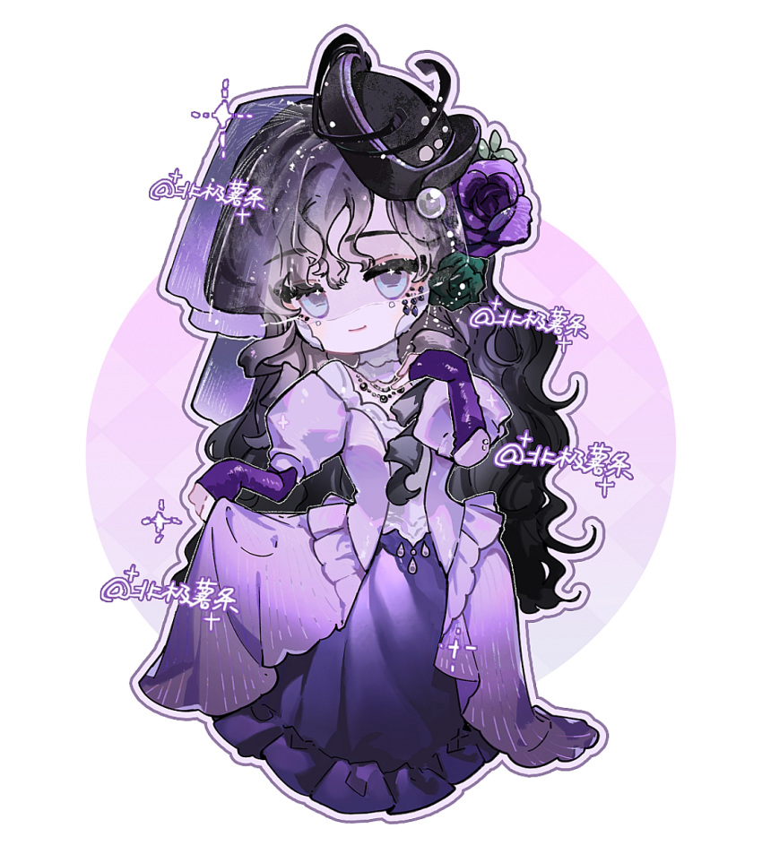 1girl artist_name beiji_shutiao black_flower black_hair black_headwear black_rose chibi circle closed_mouth curly_hair dress flower full_body gown hair_flower hair_ornament hand_up highres isolde_(reverse:1999) juliet_sleeves long_dress long_hair long_sleeves looking_at_viewer pillbox_hat puffy_sleeves purple_background purple_dress purple_flower purple_rose reverse:1999 rose see-through_veil signature skirt_hold sleeves_past_wrists smile solo sparkle standing tilted_headwear two-tone_background very_long_hair violet_eyes white_background
