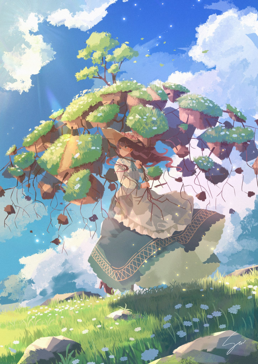 1girl apron atelier_umiyury blue_sky brown_hair clouds cloudy_sky commentary day dress flower frilled_apron frills grass green_dress hat hat_flower highres holding light_particles long_hair long_sleeves looking_afar original outdoors rock scenery signature sky solo tree walking white_apron white_flower