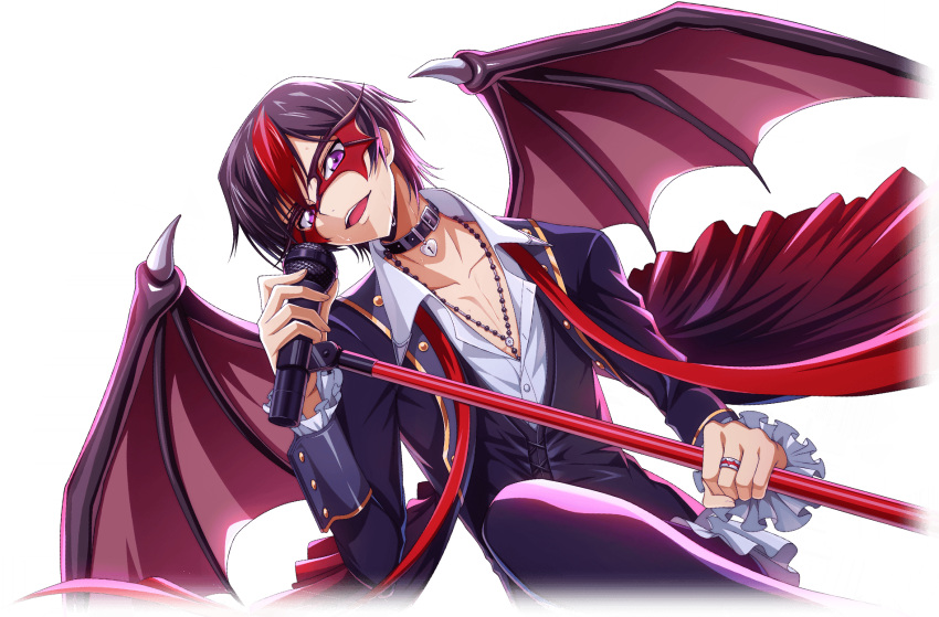 1boy artist_request black_coat black_hair black_jacket black_pants buttons coat code_geass code_geass:_lost_stories collar collarbone collared_shirt demon_boy demon_wings frilled_coat frilled_sleeves frills full_body game_cg hand_up happy head_tilt heart-shaped_lock highres holding holding_microphone holding_microphone_stand jacket jewelry leg_up lelouch_vi_britannia long_sleeves looking_at_viewer male_focus mask masquerade_mask microphone microphone_stand multicolored_hair music necklace non-web_source official_art open_clothes open_mouth open_shirt pants red_wings redhead ring shirt short_hair sidelocks simple_background singing smile solo spiked_wings standing sweat teeth transparent_background two-tone_hair violet_eyes white_shirt wings