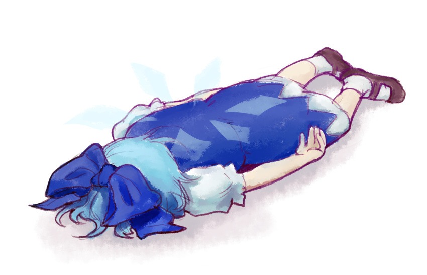1girl black_footwear blue_bow blue_dress blue_hair bow cirno commentary dress english_commentary face_down full_body hair_bow highres lying no_wings on_stomach puffy_short_sleeves puffy_sleeves shoes short_hair short_sleeves simple_background skullchimes socks solo touhou white_background white_socks