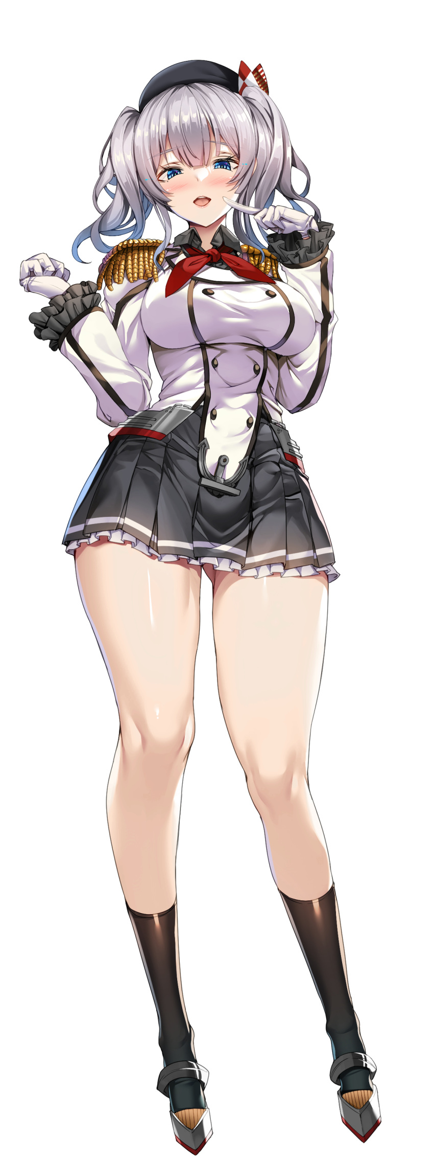 1girl absurdres beret black_hat black_socks blue_eyes breasts commentary_request epaulettes frilled_skirt frills full_body gloves grey_hair hat highres kantai_collection kashima_(kancolle) kneehighs large_breasts long_sleeves looking_at_viewer military military_uniform miniskirt pleated_skirt simple_background skirt socks solo standing thighs torisan twintails underwear uniform wavy_hair white_background white_gloves