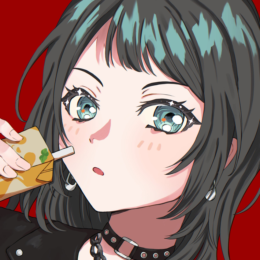 1girl bang_dream! bang_dream!_it's_mygo!!!!! black_hair black_jacket blue_eyes chain_necklace collar commentary earrings hand_up highres holding jacket jewelry juice_box long_hair looking_at_viewer necklace nisaka_(nini2plus) parted_lips portrait red_background simple_background solo yahata_umiri