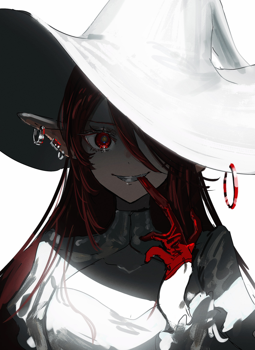 1girl absurdres earrings gawako gloves grin hat highres jewelry long_hair looking_at_viewer original pointy_ears portrait red_eyes red_gloves redhead simple_background smile solo white_background witch_hat