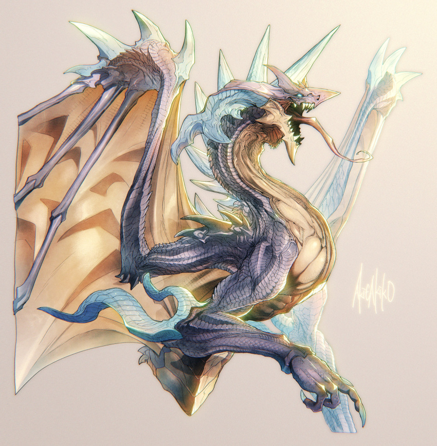 absurdres akie_(akidoygo) animal_focus blue_eyes brown_background claws cropped_torso dragon from_side glowing glowing_eye highres horns long_tongue monster no_humans open_mouth original scales sharp_teeth simple_background solo spikes teeth tongue tongue_out upper_body western_dragon wings