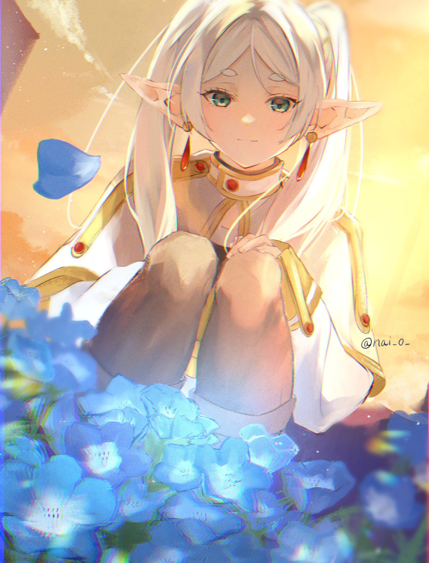 1girl artist_name blue_flower blue_petals boots brown_footwear brown_leggings capelet closed_mouth clouds commentary dusk dutch_angle elf eyelashes film_grain flower flower_bed frieren green_eyes hand_on_own_knee highres hikimayu itoka_mei_(nai) knees_up leggings light_smile long_hair looking_at_viewer orange_sky outdoors parted_lips pointy_ears short_eyebrows sky solo sousou_no_frieren squatting sunset teardrop_earrings thick_eyebrows twintails twitter_username white_capelet white_hair