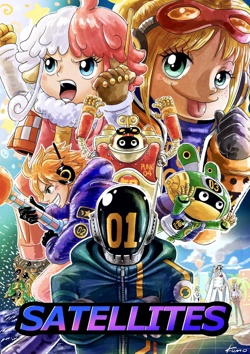 3girls 6+boys angry artist_name black_gloves black_jacket blonde_hair blue_eyes brown_gloves character_request crossed_arms english_text freckles gloves goggles goggles_on_head green_eyes grin headphones helmet highres jacket kaku_(one_piece) kumo_d7 multicolored_hair multiple_boys multiple_girls numbered one_piece open_mouth purple_jacket redhead rob_lucci robot sidelocks smile star_(symbol) stussy_(one_piece) tongue tongue_out two-tone_hair vegapunk_atlas vegapunk_edison vegapunk_lilith vegapunk_pythagoras vegapunk_shaka vegapunk_york white_hair winding_key