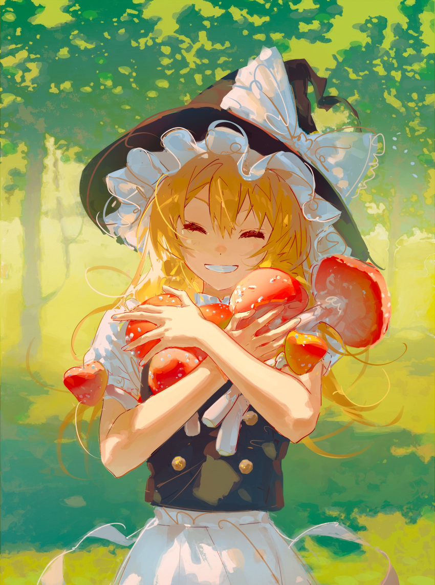1girl ^_^ absurdres apron back_bow black_hat black_vest blonde_hair blush bow braid buttons chinese_commentary closed_eyes commentary_request day english_commentary eyelashes facing_viewer fly_agaric green_theme grin hat hat_bow hat_ribbon highres holding holding_mushroom kirisame_marisa long_hair mixed-language_commentary mushroom outdoors puffy_short_sleeves puffy_sleeves ribbon sash sheya_tin shirt short_sleeves single_braid smile solo standing teeth touhou tree upper_body vest waist_apron white_apron white_bow white_ribbon white_sash white_shirt witch_hat