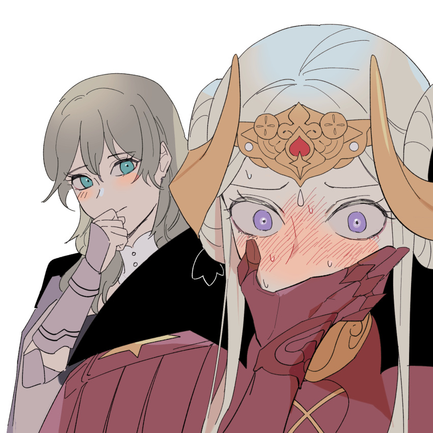 2girls armor b_(wldms6650) black_cape blue_eyes blush byleth_(female)_(fire_emblem) byleth_(fire_emblem) cape closed_mouth commentary covering_own_mouth edelgard_von_hresvelg english_commentary eye_contact fire_emblem fire_emblem:_three_houses gauntlets grey_hair highres horns long_hair looking_at_another multiple_girls simple_background smile tiara upper_body violet_eyes white_background white_hair yuri