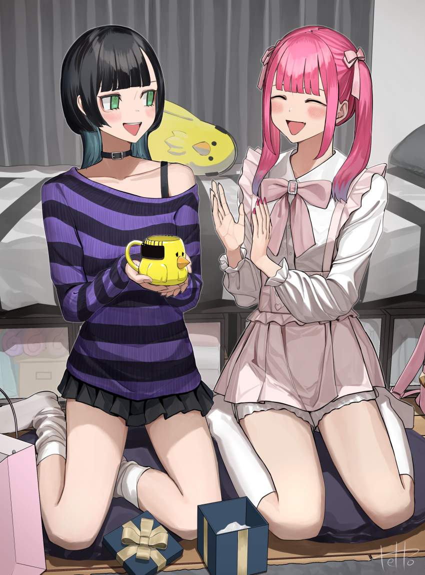 2girls ^_^ absurdres baggy_socks bed black_choker black_hair black_skirt black_sweater blue_hair blush bow bowtie box choker closed_eyes colored_inner_hair commentary_request cup curtains dress gift gift_box green_eyes hair_ribbon highres hinamizawa_hinami_(tetto) holding holding_cup igarashi_ritsu_(tetto) indoors kneehighs long_hair looking_at_another medium_hair miniskirt mug multicolored_hair multiple_girls no_shoes on_floor open_mouth original pink_bow pink_bowtie pink_hair pink_ribbon pleated_skirt purple_sweater ribbon sidelocks single_off_shoulder sitting skirt smile socks striped_clothes striped_sweater sweater tetto_(onnoveltet) twintails white_dress white_socks wolf_cut